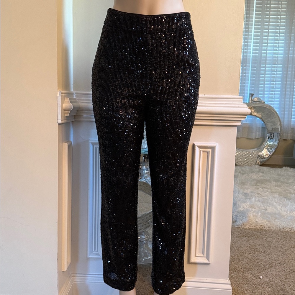 LOFT Shimmering Black Sequin Cropped Pants